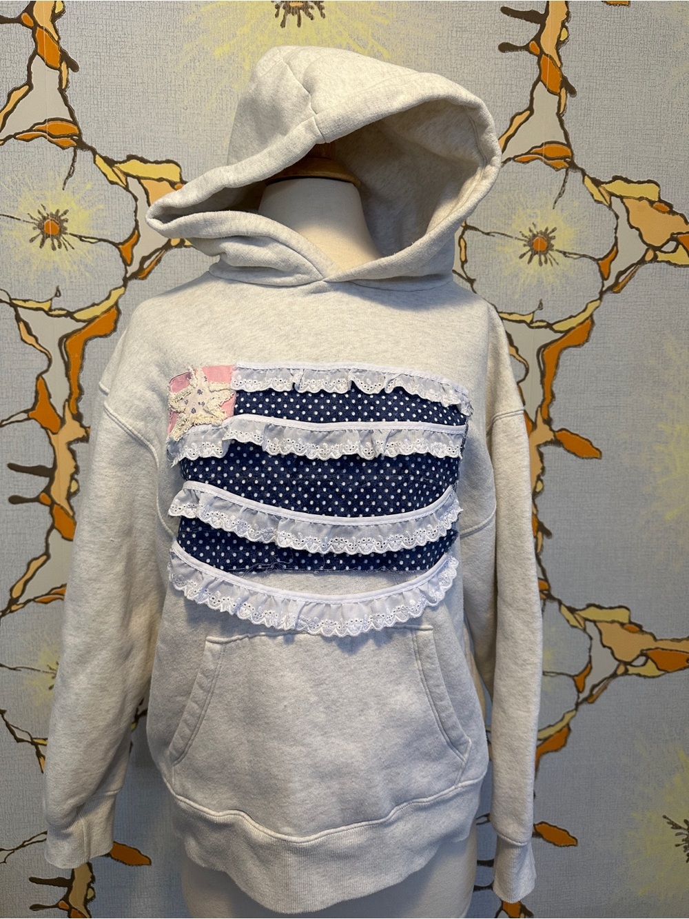 Wild Fable Cream Hoodie with Navy Polka Dot Ruffle Panels size Small
